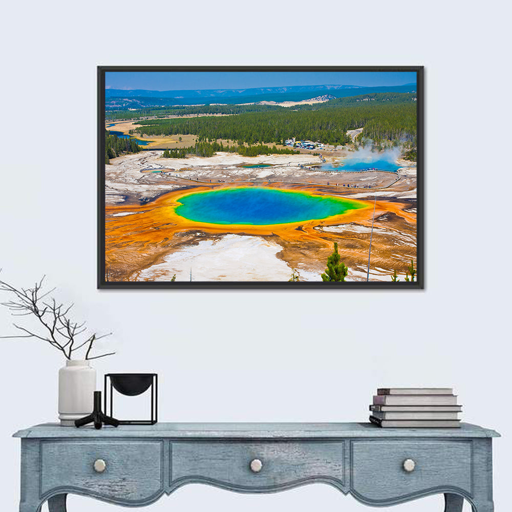 Grand Prismatic Spring Aerial View Wall Art in a room, landscape