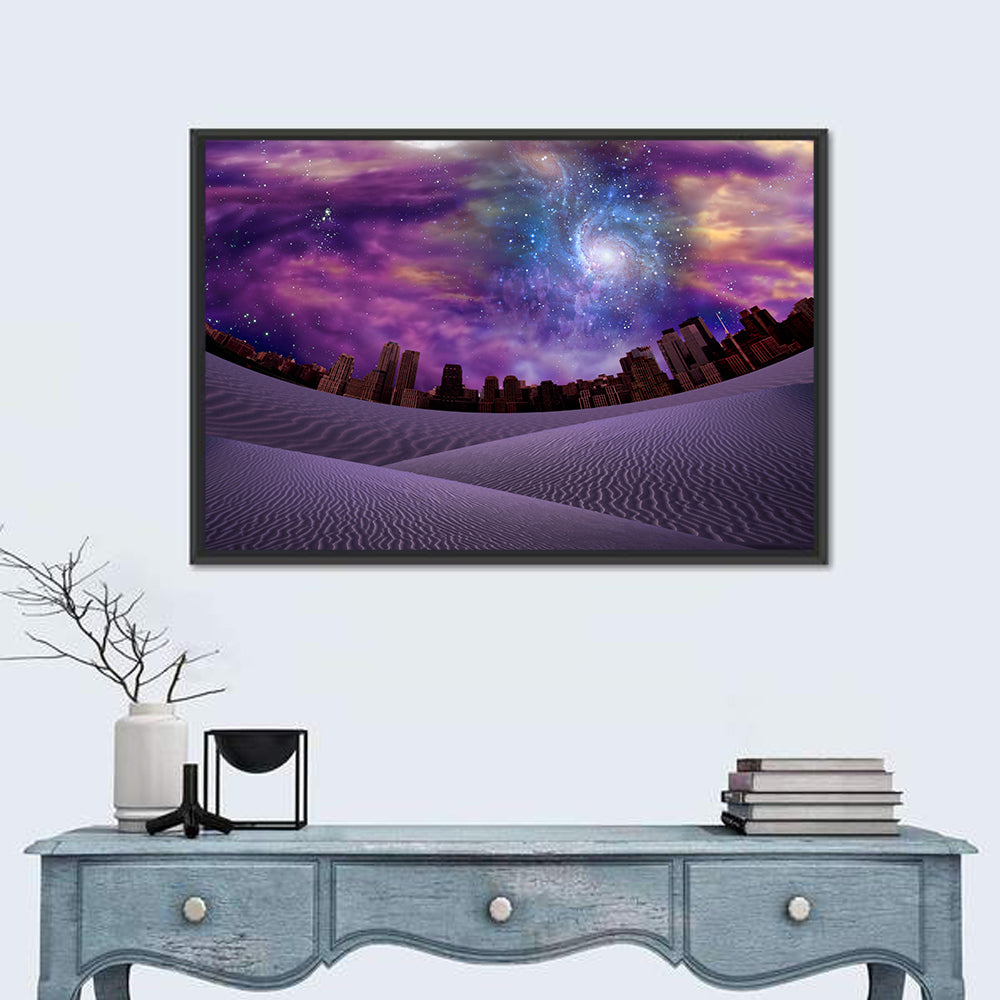Cosmic Desert City Illustration Wall Art in a room, landscape