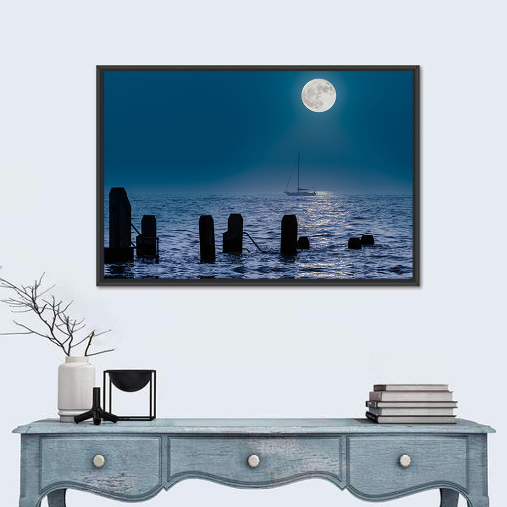 Moonlit Sailboat with Wooden Pylons Wall Art
