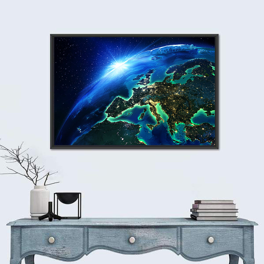 Europe at Night Wall Art in a room, landscape