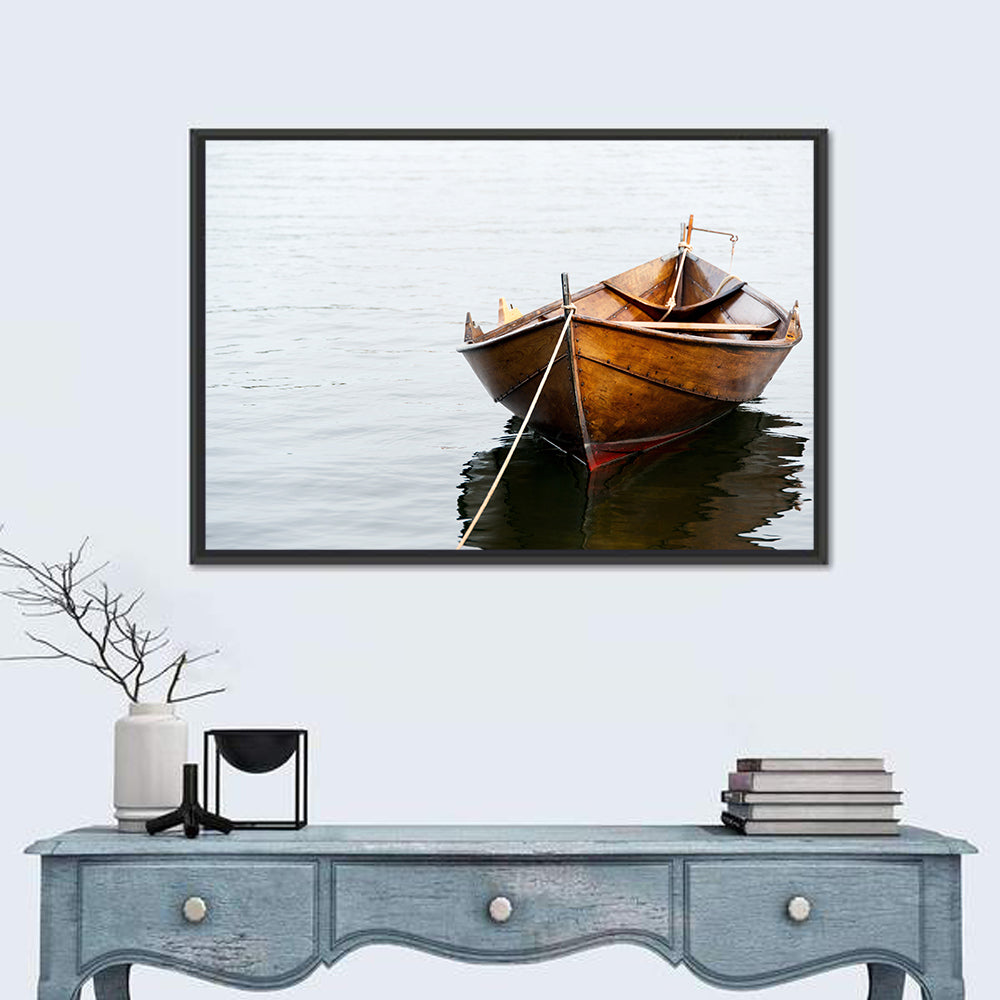Tethered Wooden Rowboat on Calm Water Wall Art in a room, landscape