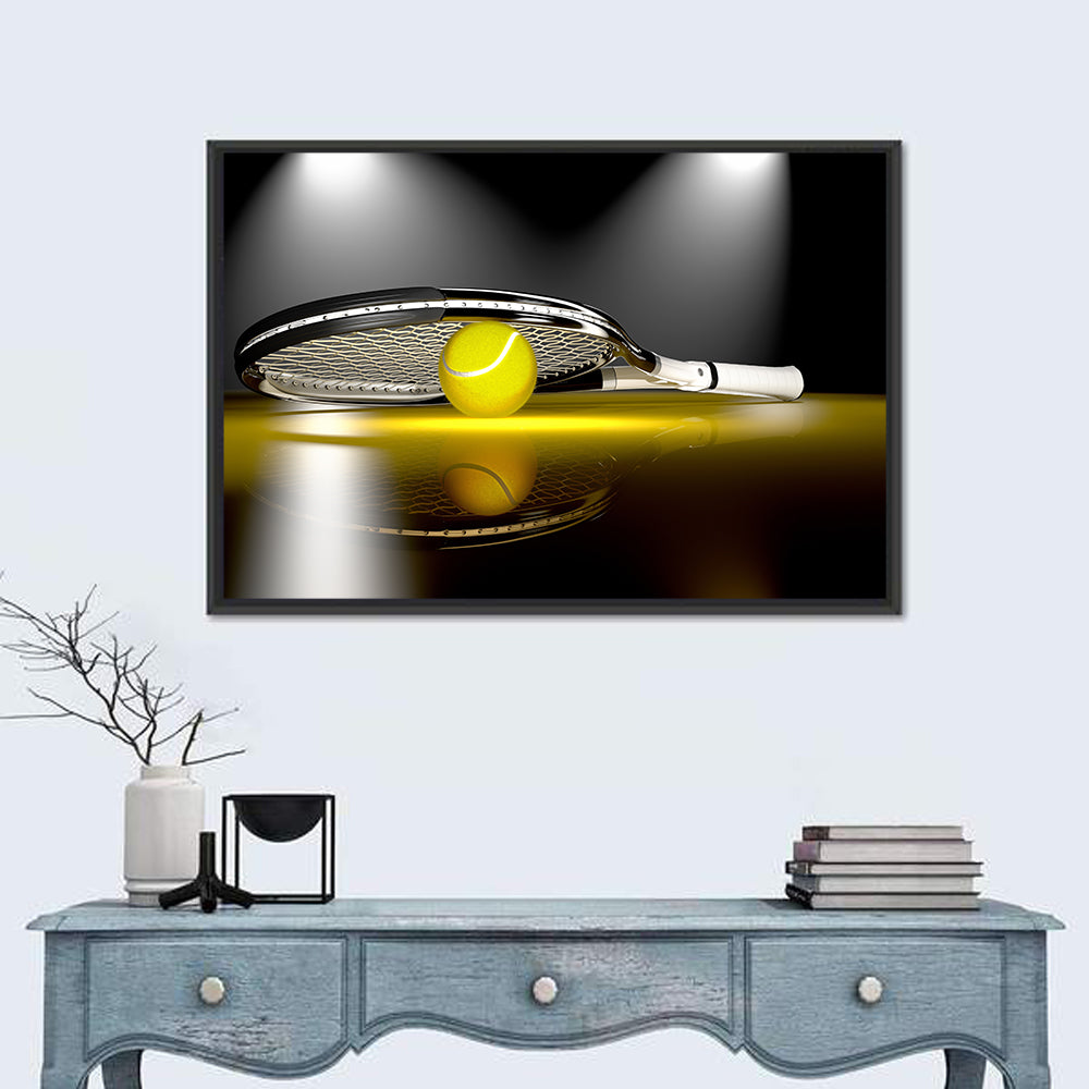 Tennis Racket and Yellow Ball Wall Art in a room, landscape