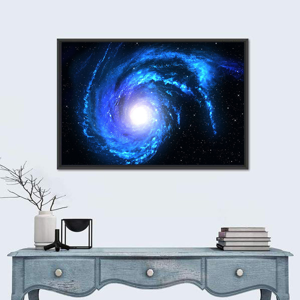 Glowing Blue Spiral Galaxy Wall Art in a room, landscape