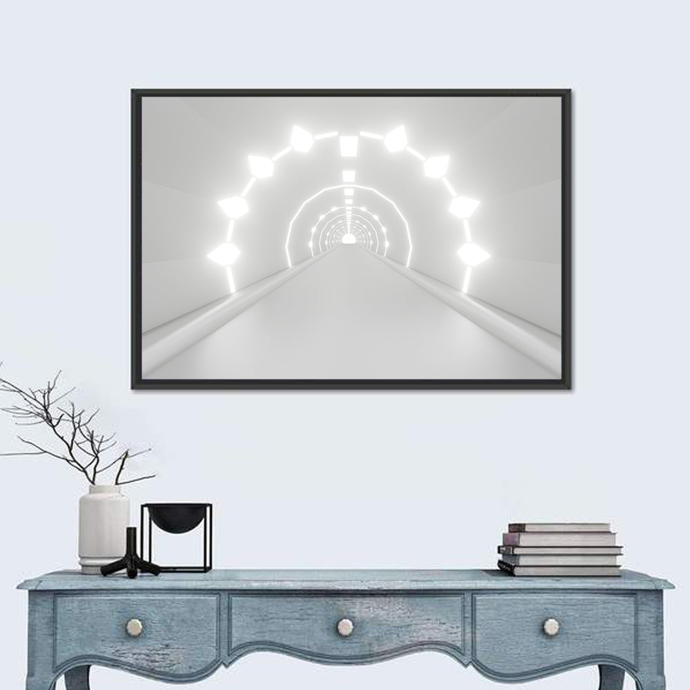 3d White Tunnel with Diamond Lights Wall Art in a room, landscape