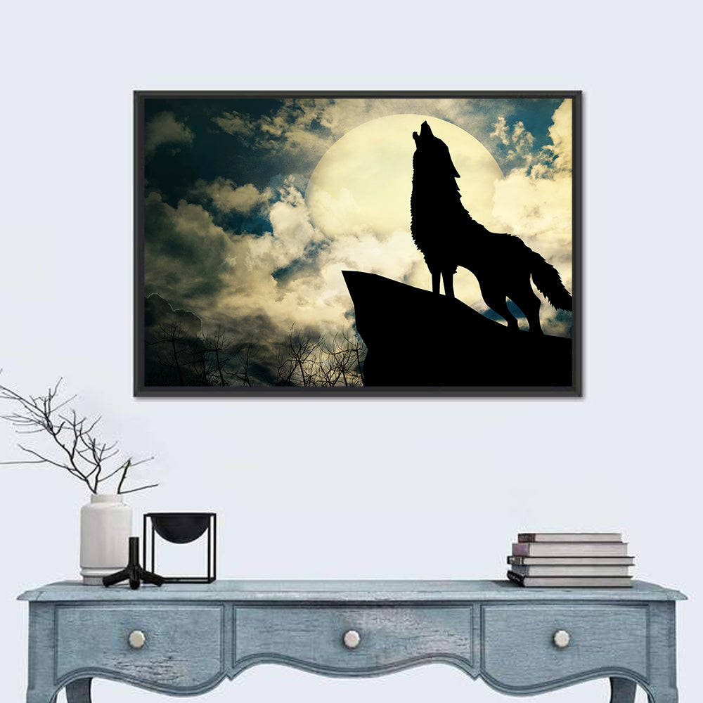 Howling Wolf Silhouette Against Full Moon Wall Art in a room, landscape