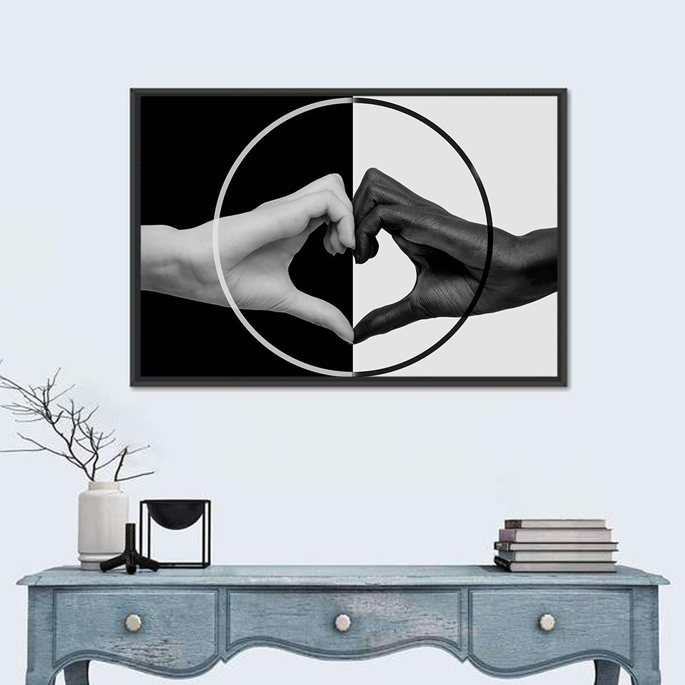 Hands Forming Heart Circle Wall Art in a room, landscape