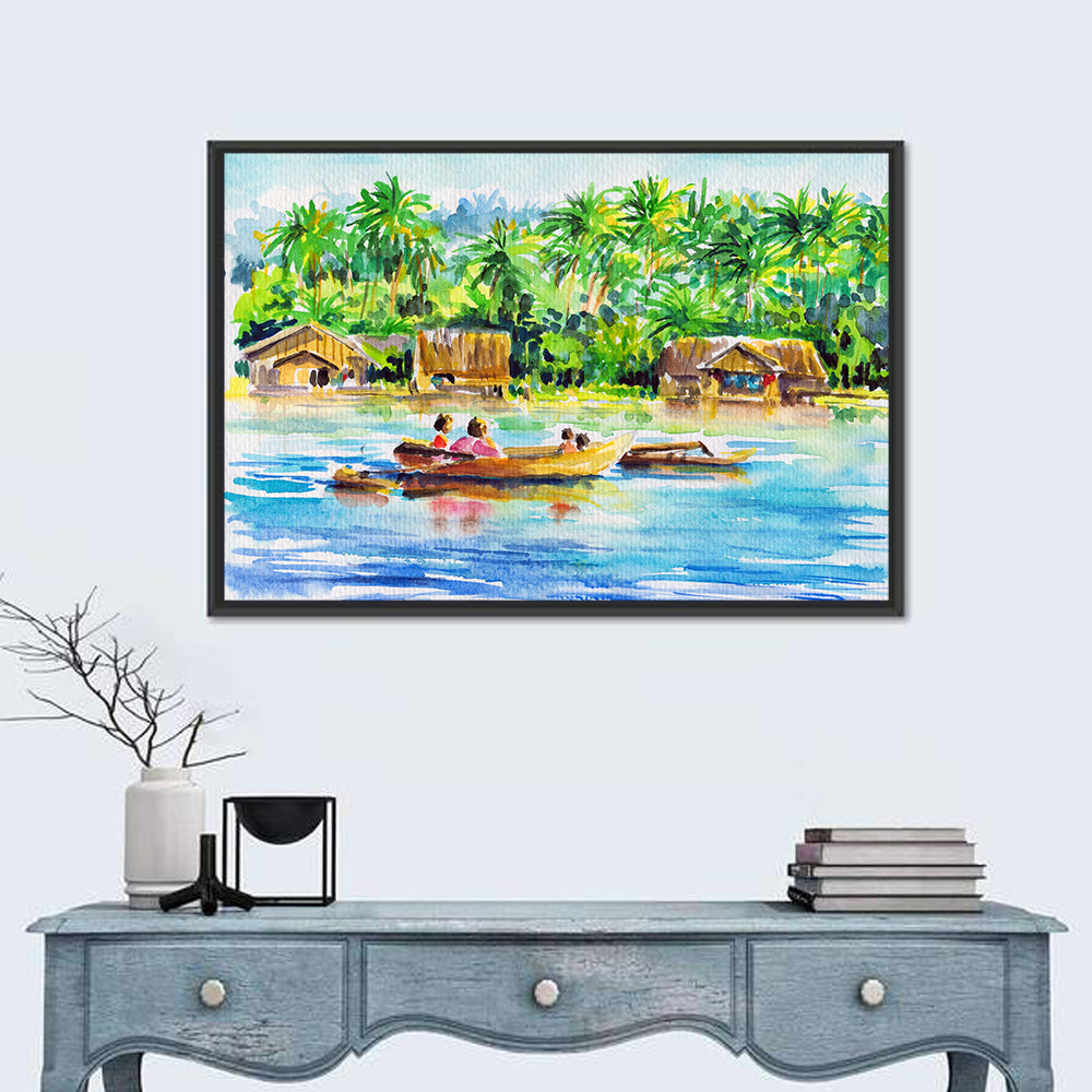 Boat in Tropical Village Wall Art