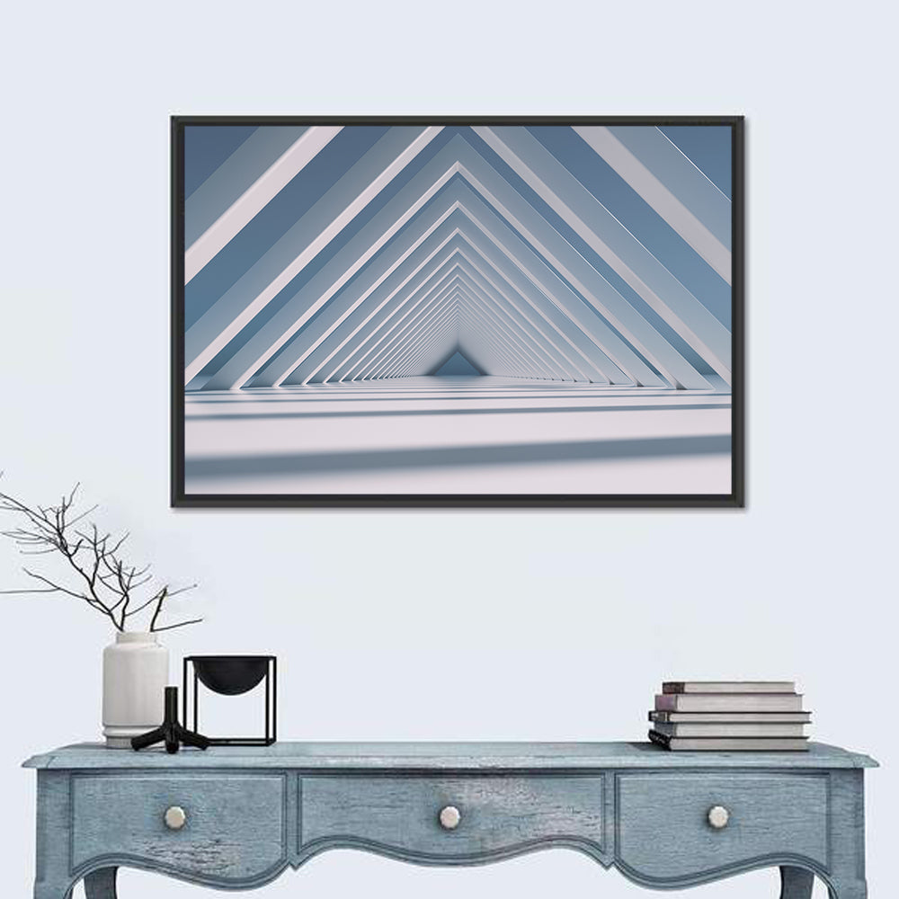 Blue Triangular Tunnel Wall Art in a room, landscape