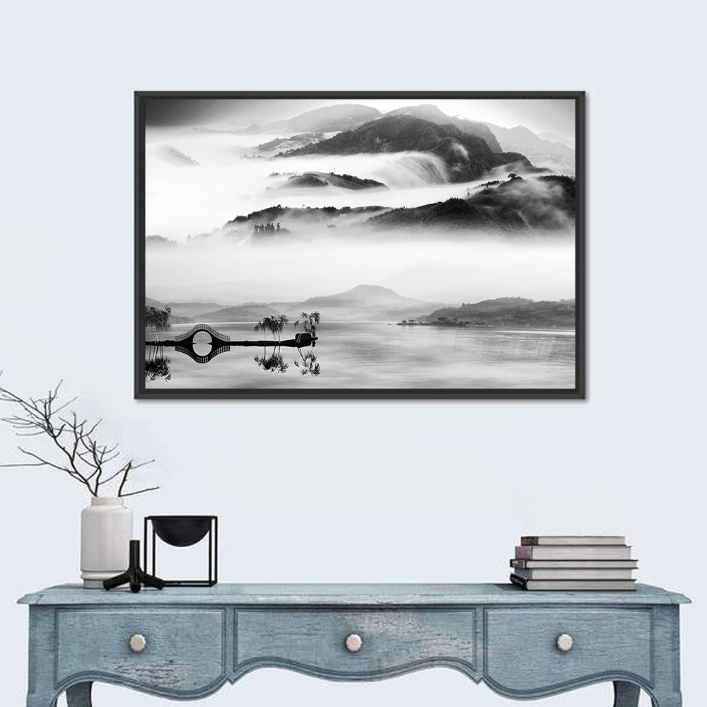 Misty Chinese Lake with Bridge Wall Art in a room, landscape