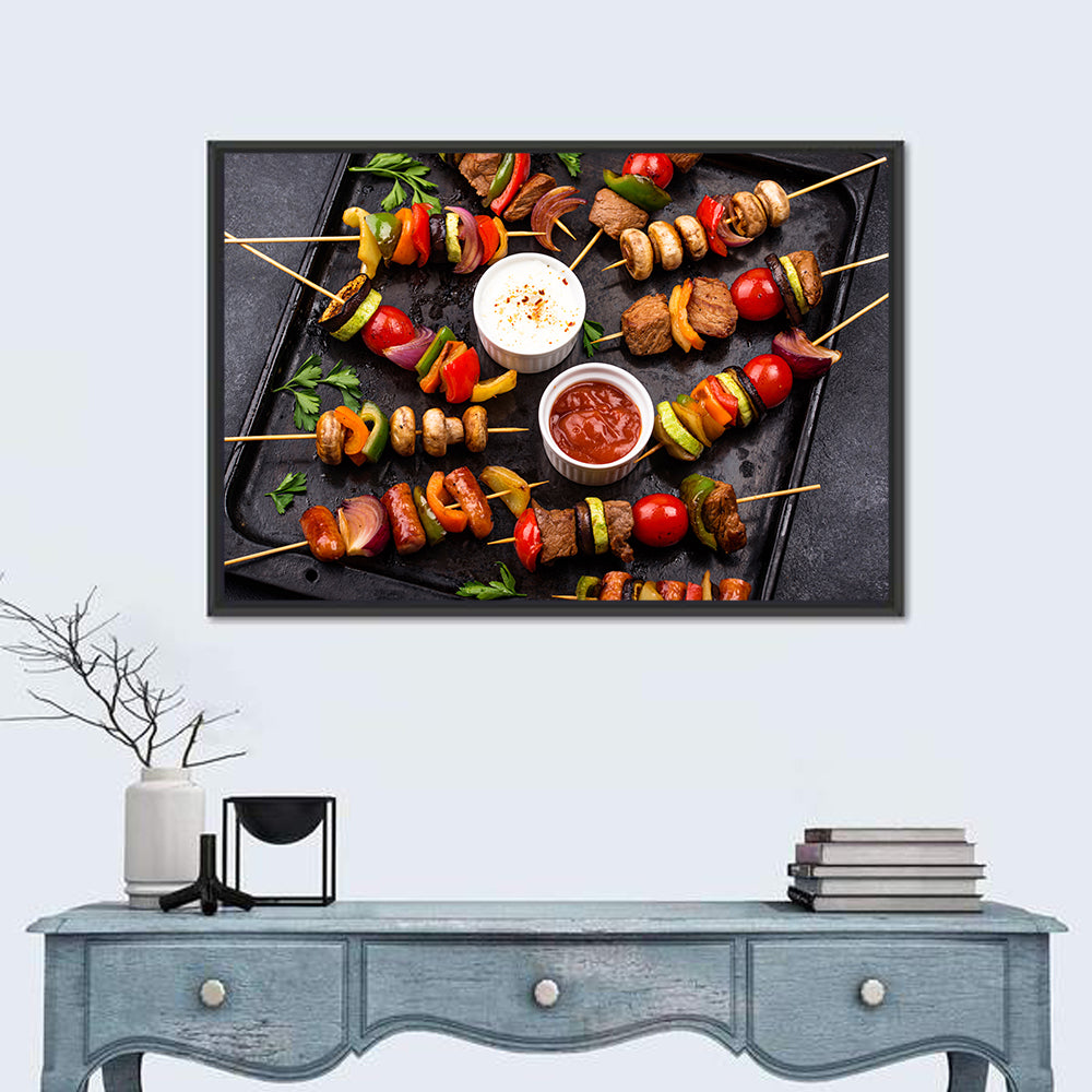 Grilled Meat and Vegetable Kebabs Wall Art in a room, landscape