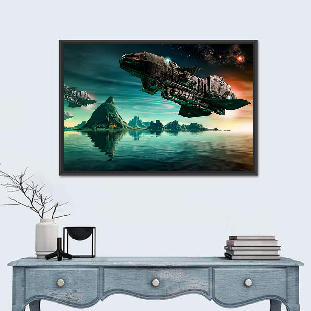Dusk Battle Spacecraft Over Mountain Lake Wall Art in a room, landscape