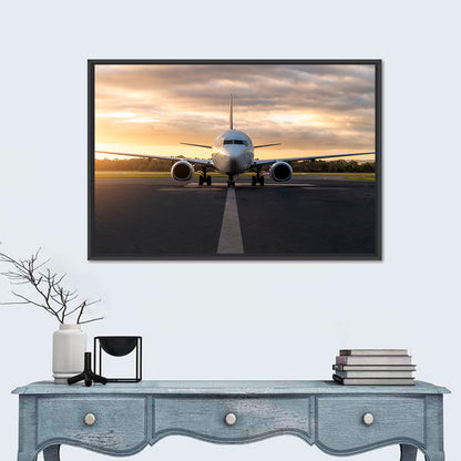 Front Facing Airplane on Runway at Sunset Wall Art