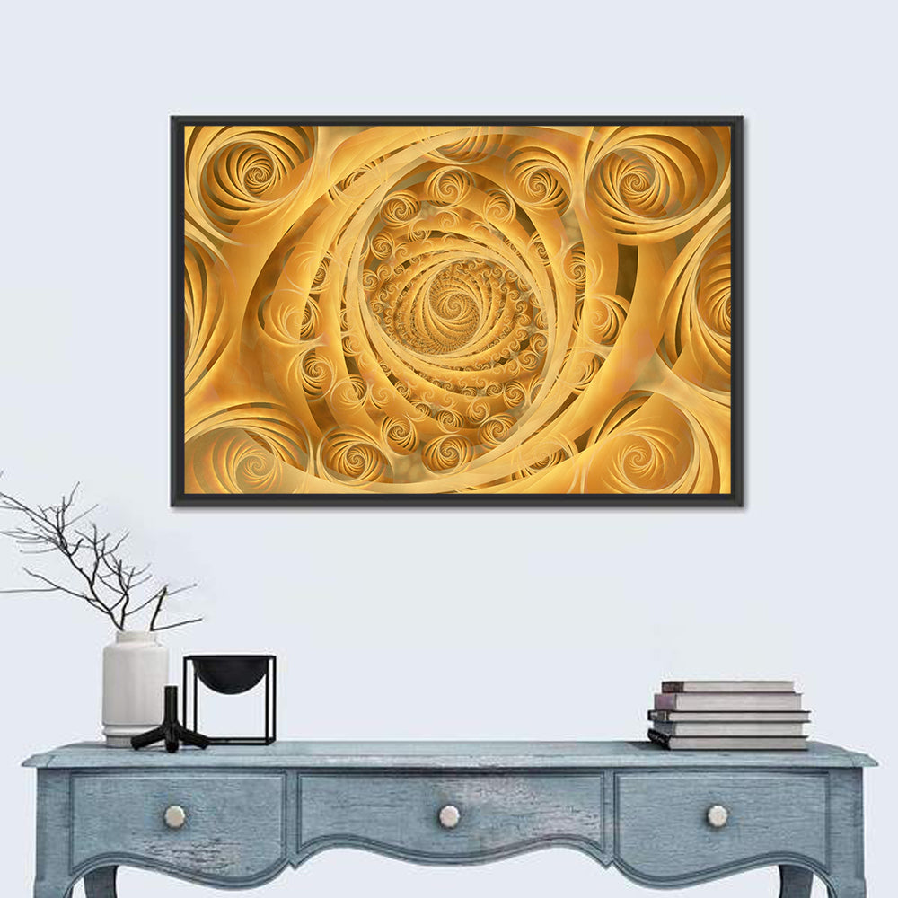 Wispy Gold Spirals Pattern Wall Art in a room, landscape