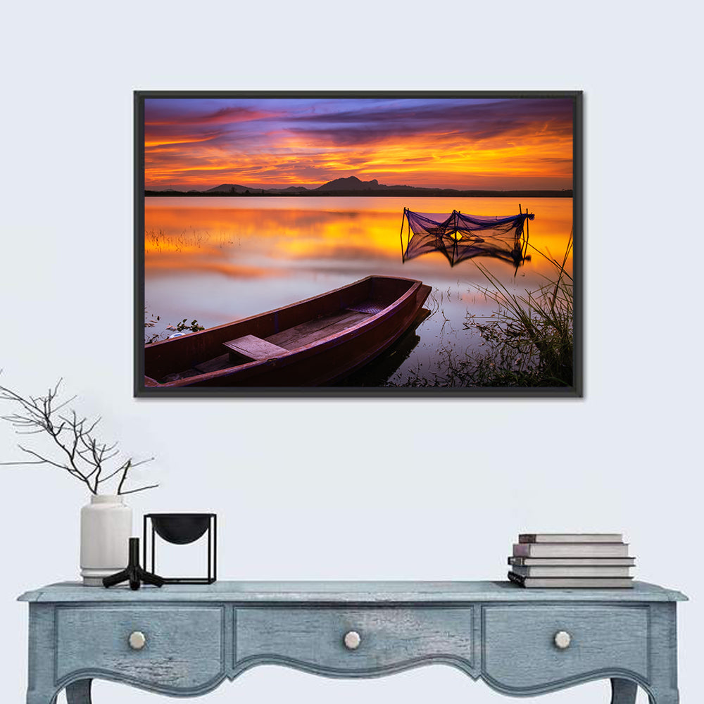 Boat Near Fishing Net at Sunset Wall Art in a room, landscape