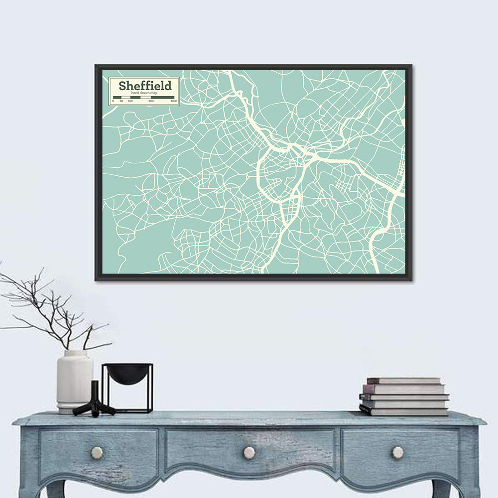 Sheffield City Map, Light Blue Wall Art