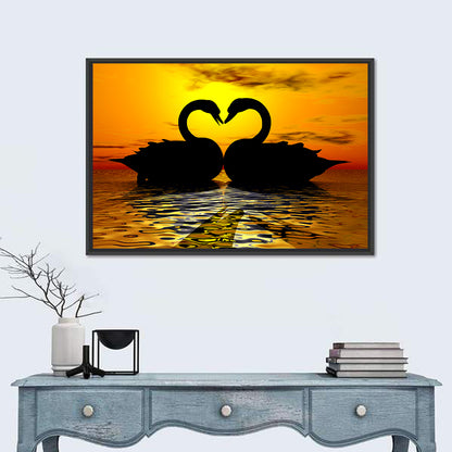Swans Forming Heart at Sunset Wall Art