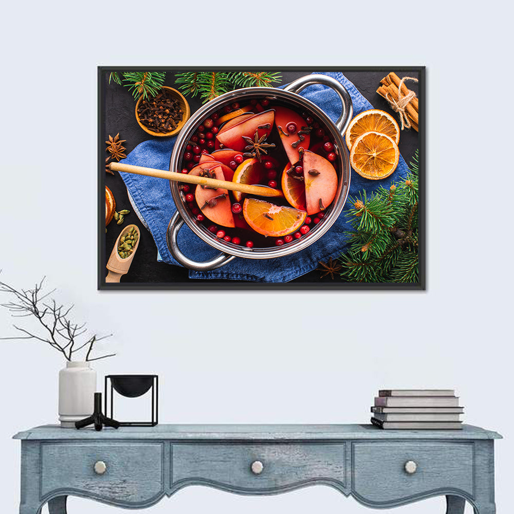 Mulled Wine and Spice Still Life Wall Art in a room, landscape