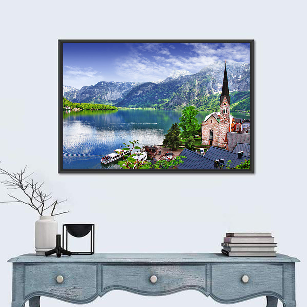 Hallstatt Lake View with Church Tower Wall Art in a room, landscape