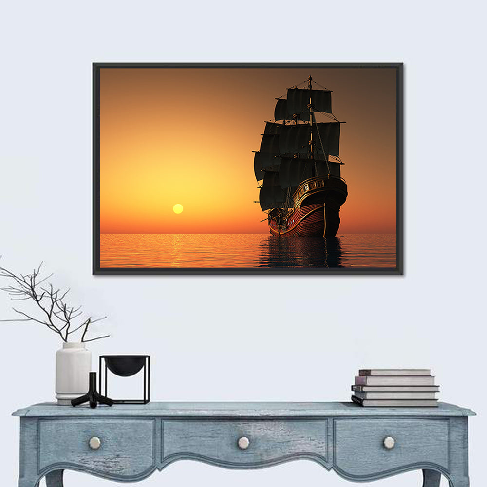 Sailing Ship at Golden Sunset Wall Art in a room, landscape