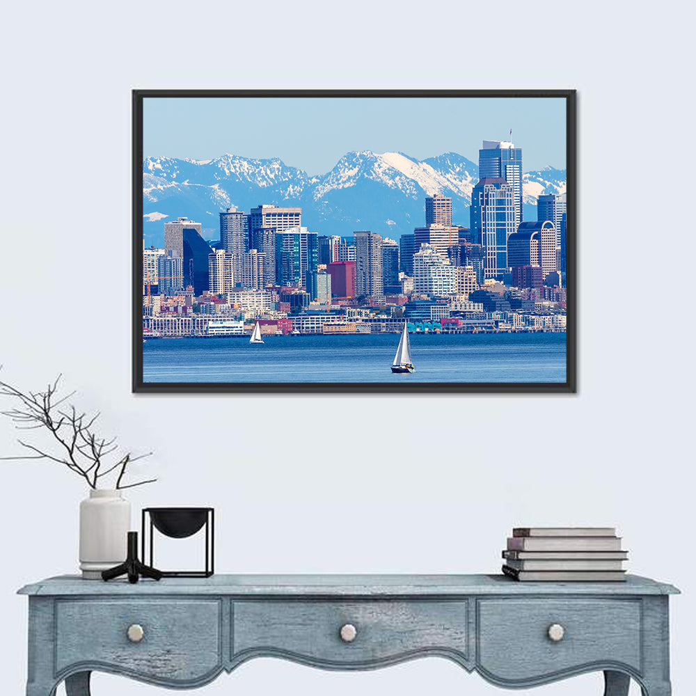 Seattle Skyline with Sailboats and Mountains Wall Art in a room, landscape