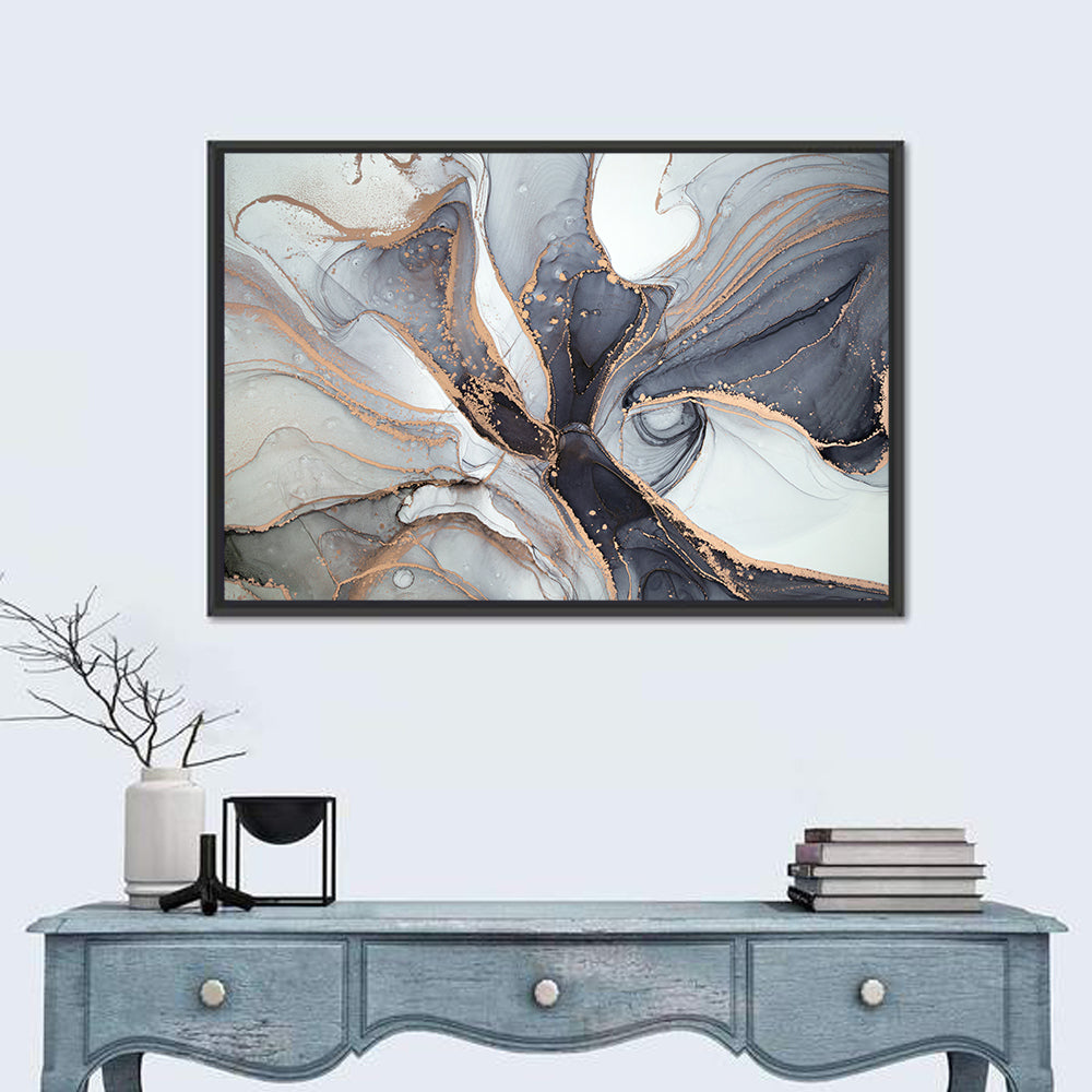 Marbled Ink with Gold Veining Wall Art in a room, landscape