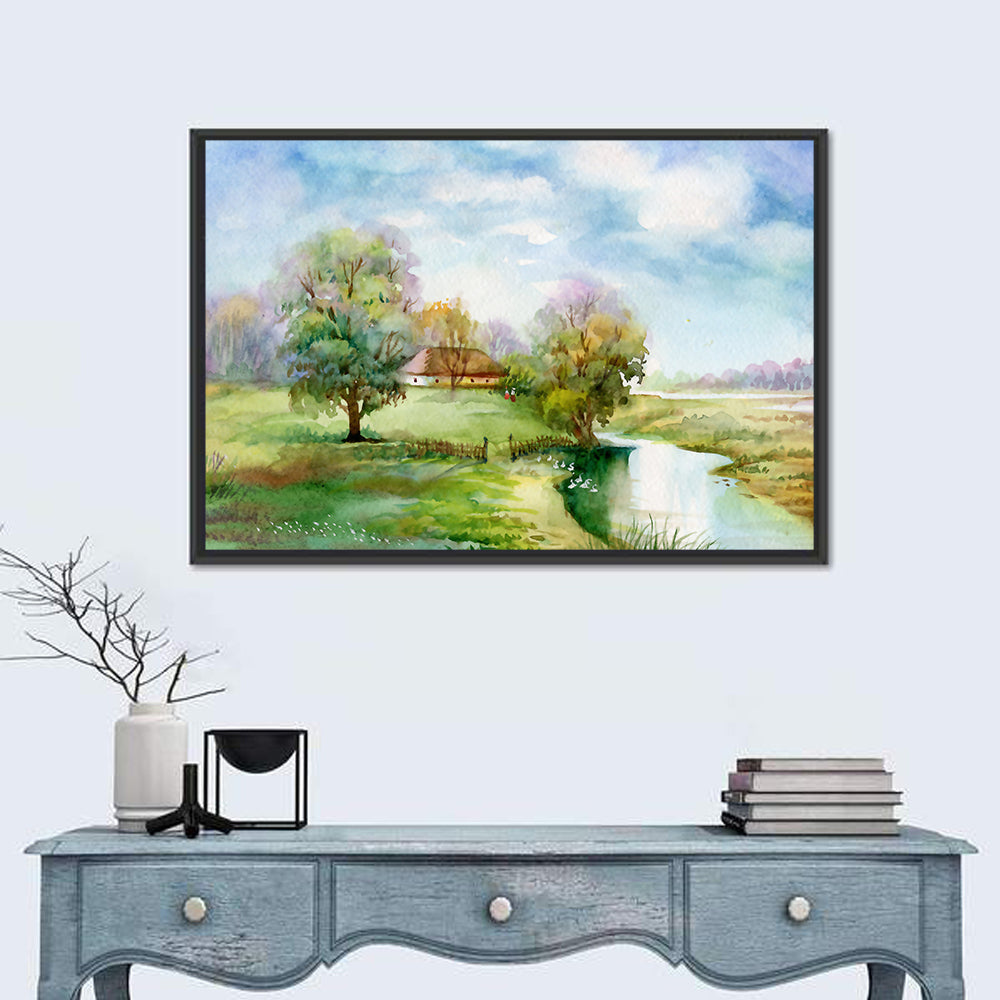 Thatched Cottage by the River Wall Art in a room, landscape