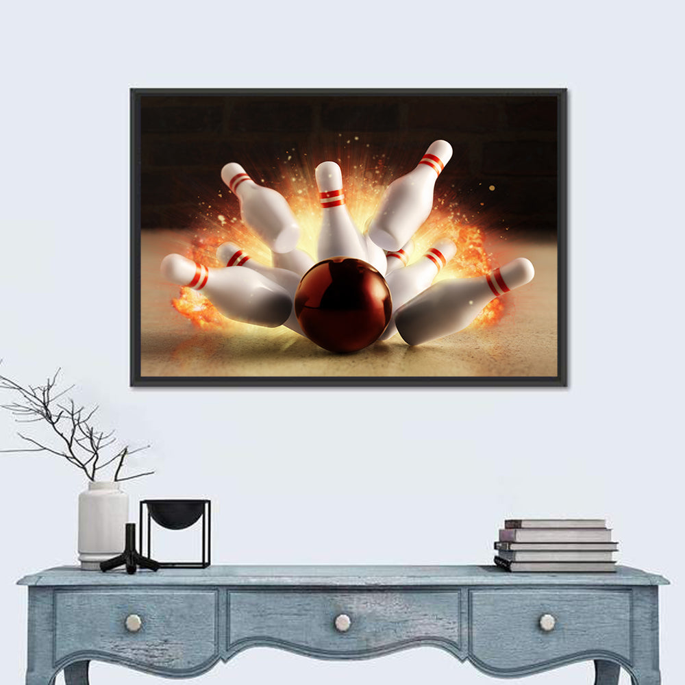 Fiery Bowling Strike Wall Art in a room, landscape