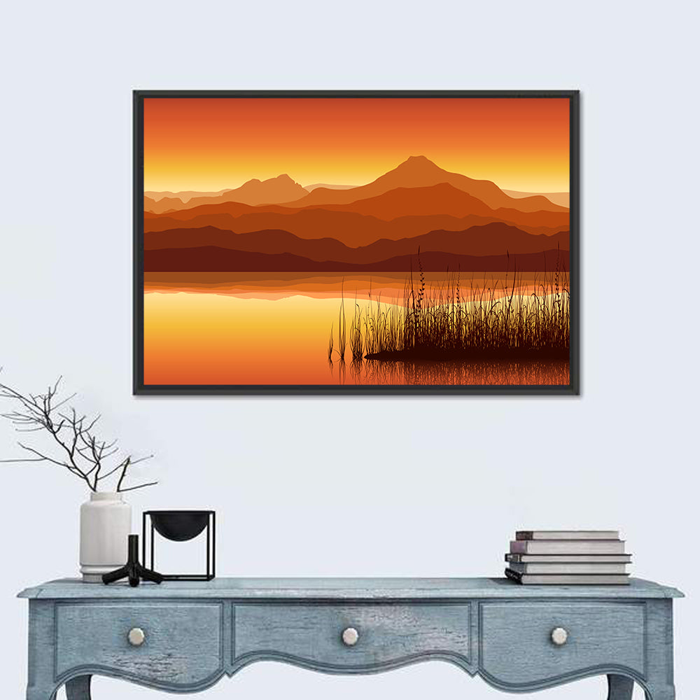 Golden Mountain Lake Sunset Wall Art in a room, landscape
