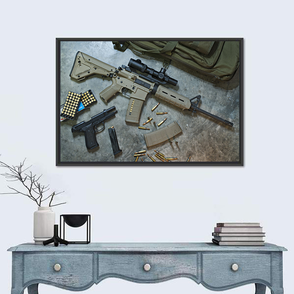 Scoped Rifle and Handgun with Ammo Wall Art in a room, landscape
