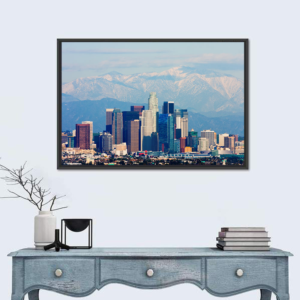 Los Angeles Skyline with Snowy Peaks Wall Art in a room, landscape
