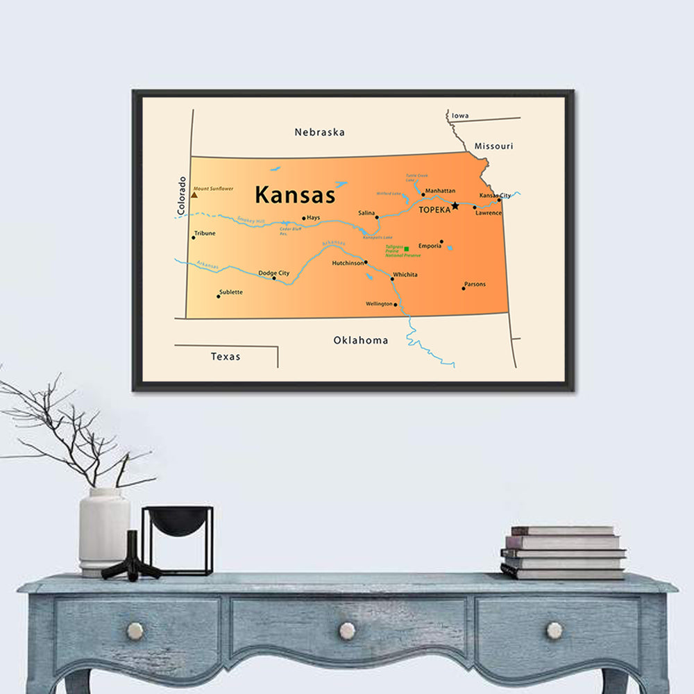 Kansas State Map Wall Art in a room, landscape