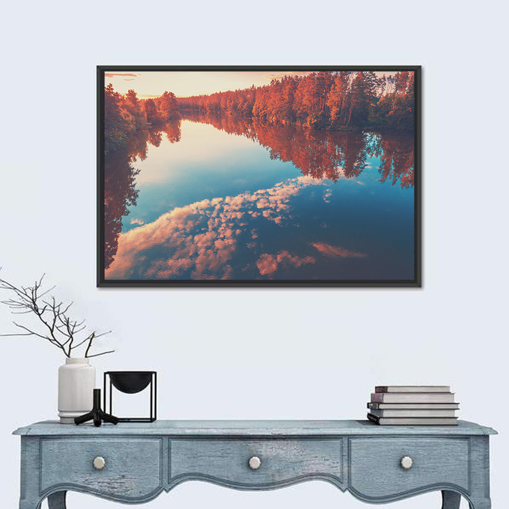 Golden Sunrise Over Reflective Lake Wall Art in a room, landscape
