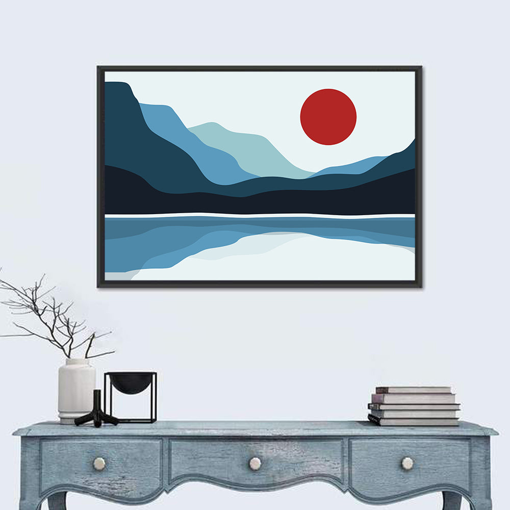 Layered Mountain Lake Illustration Wall Art in a room, landscape