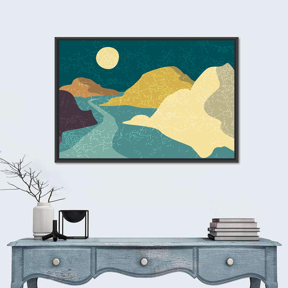 Moonlit Minimalist Mountain Wall Art in a room, landscape