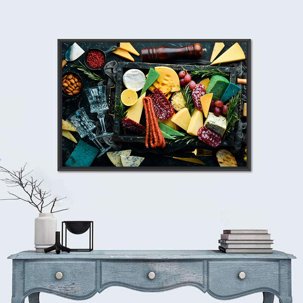 Charcuterie Tray with Wine Glasses Wall Art in a room, landscape