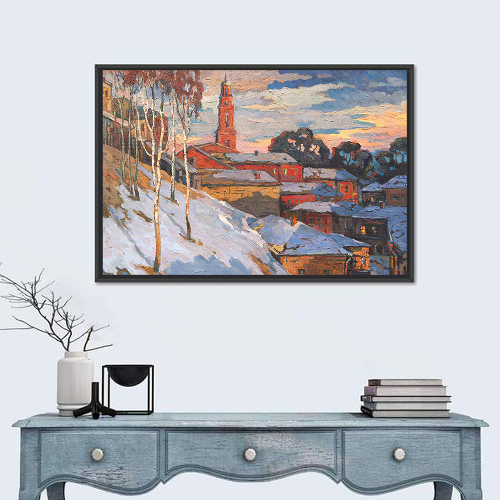 Winter Cityscape at Sunset Wall Art in a room, landscape