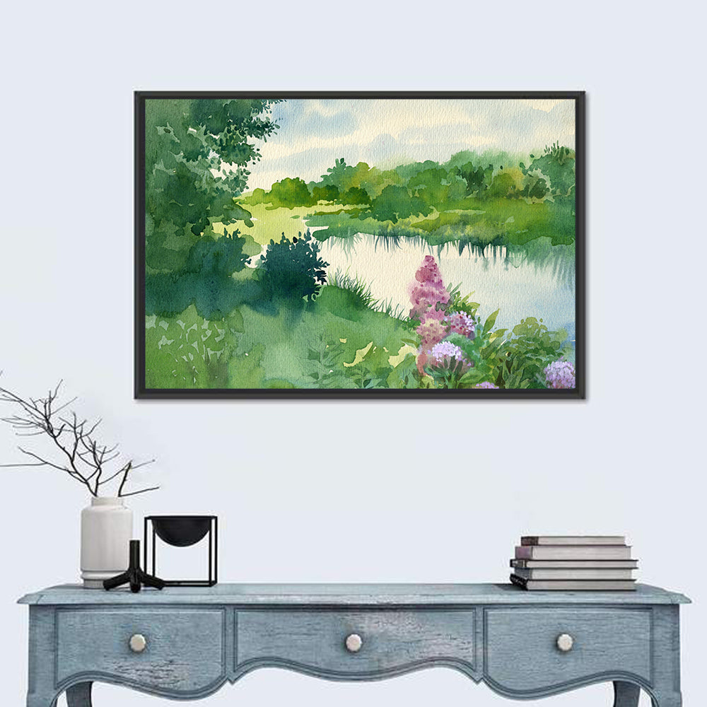 Lake Reflection with Purple Flowers Wall Art
