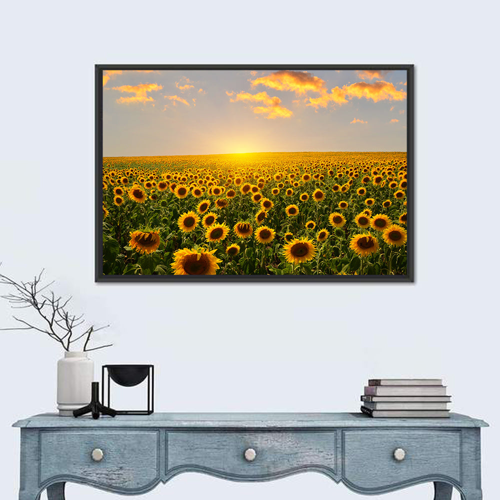 Sunflower Field at Sunset Wall Art in a room, landscape