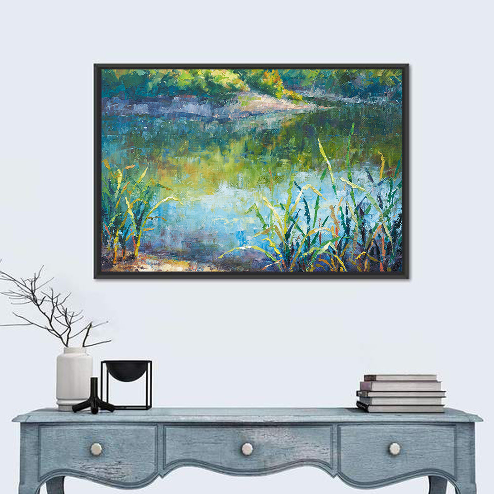 Calm Autumn Lake Wall Art in a room, landscape