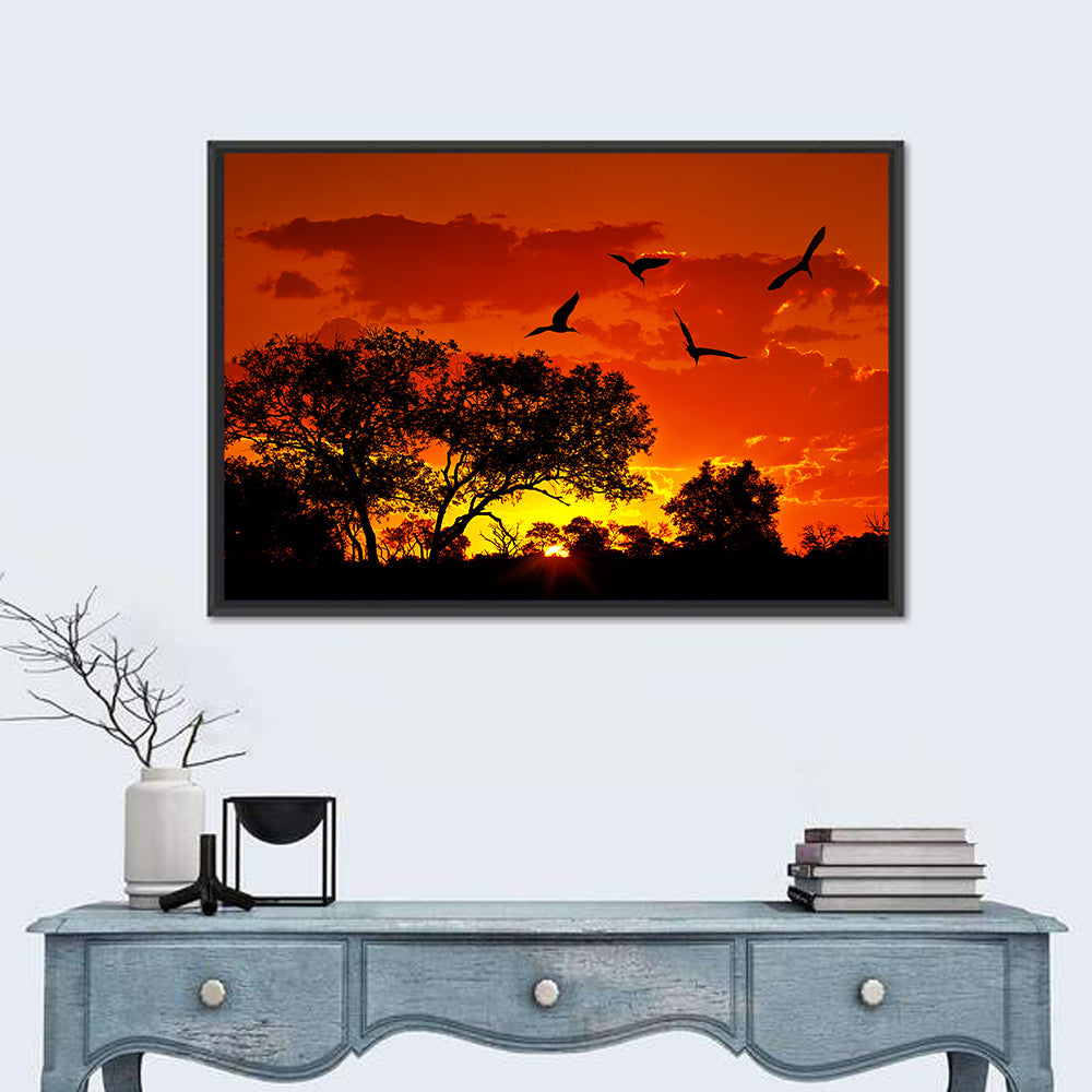 African Sunset Silhouette Wall Art in a room, landscape