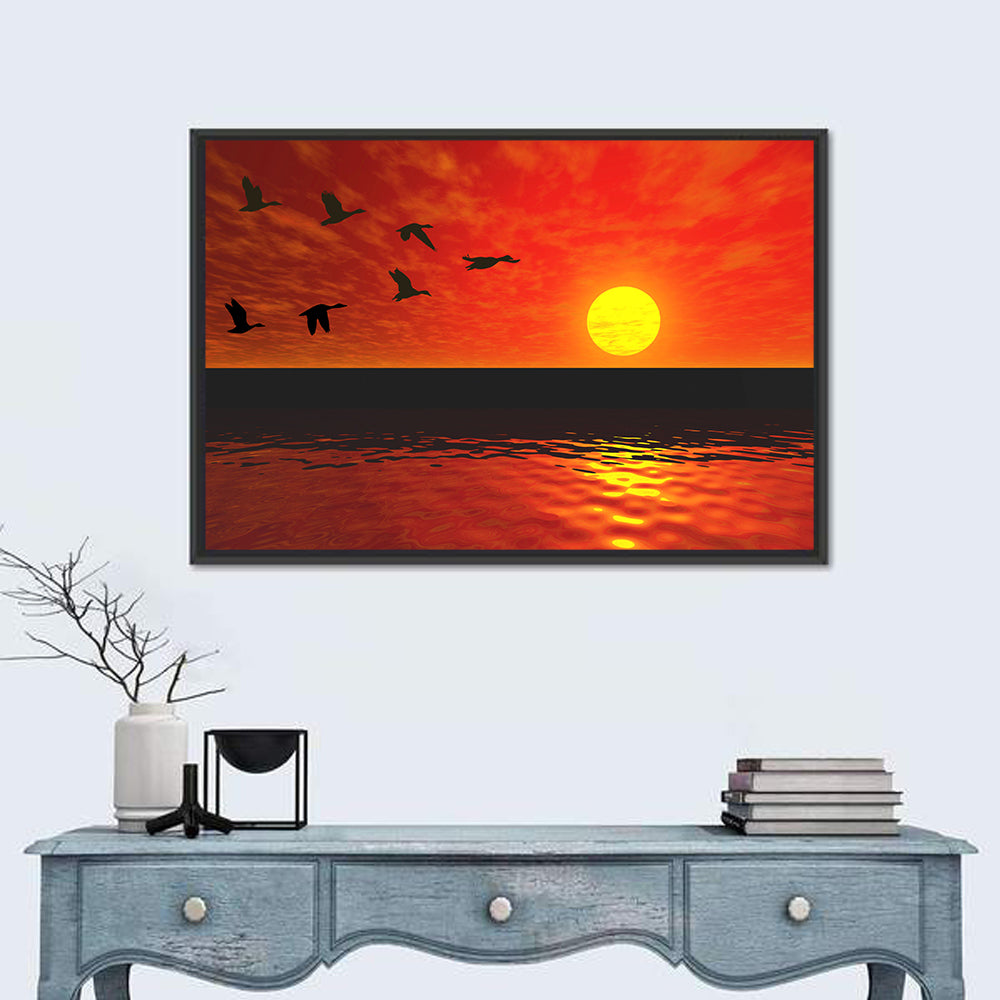 Ducks at Sunset Silhouette Wall Art