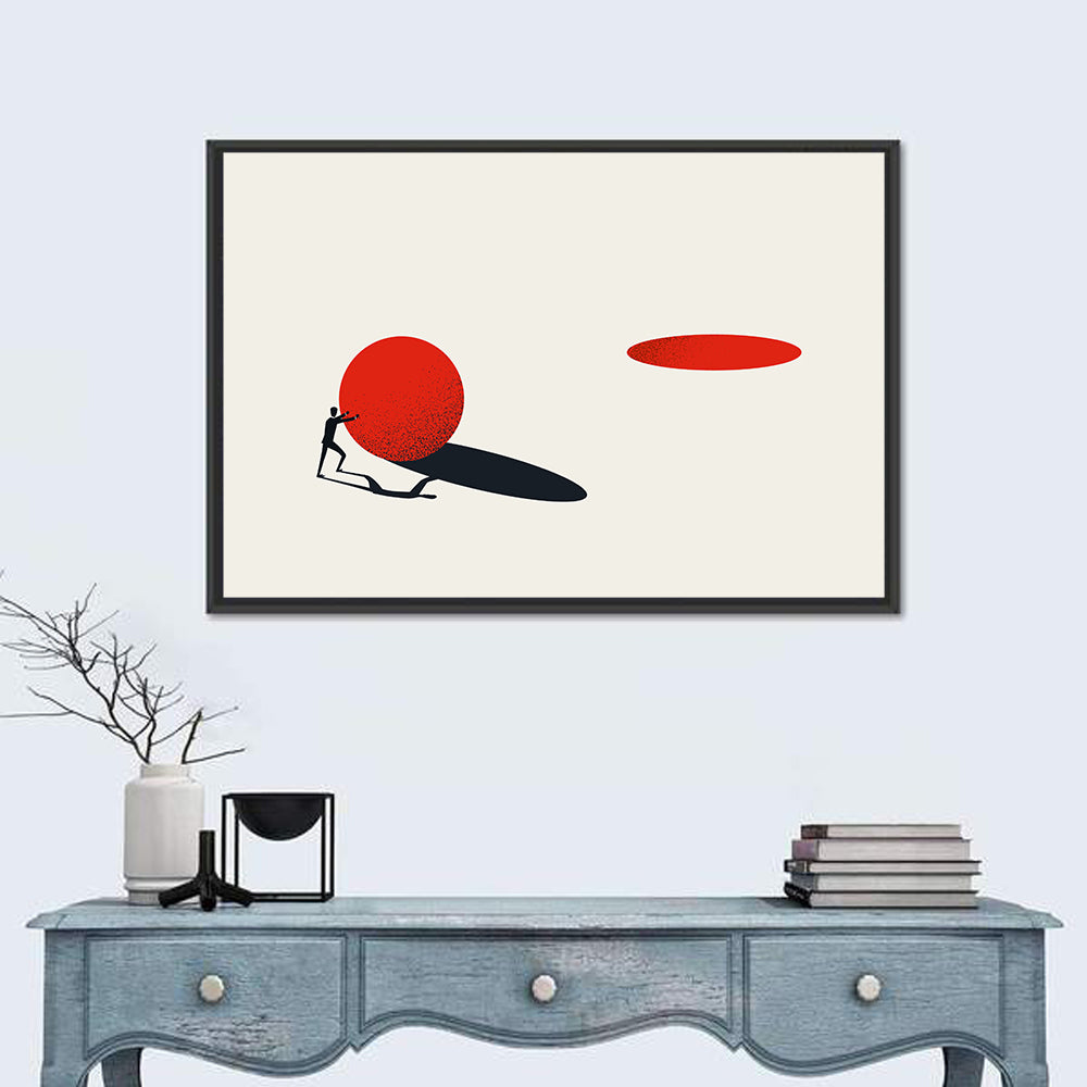 Man Pushing Sphere Wall Art in a room, landscape