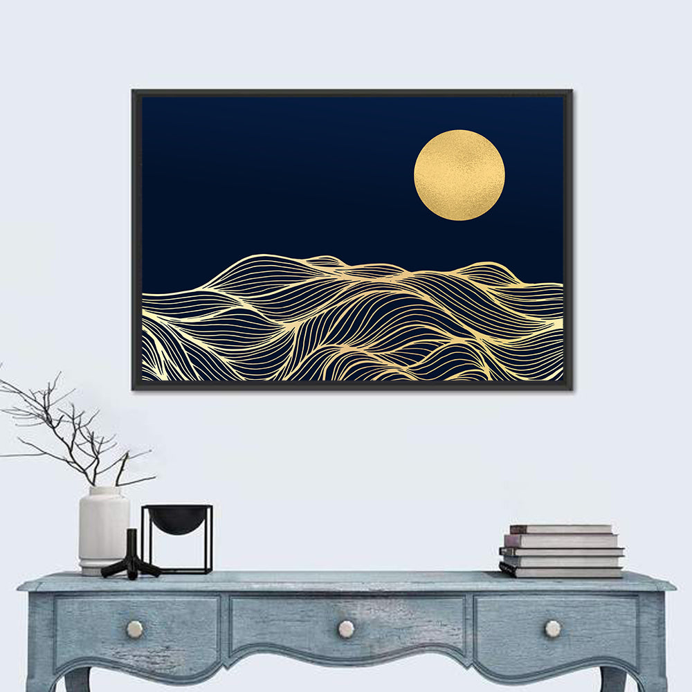 Geometric Moon Over Waves Wall Art