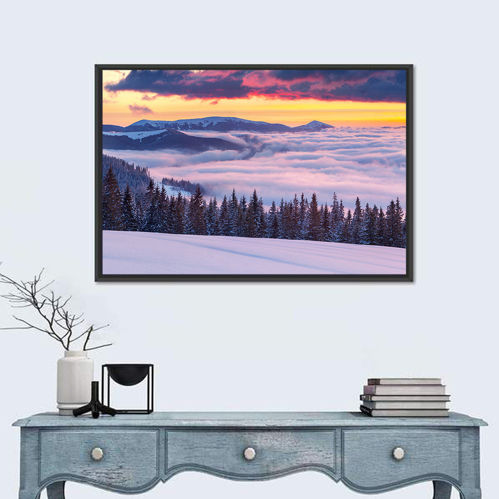 Morning Fog Over Winter Peaks Wall Art