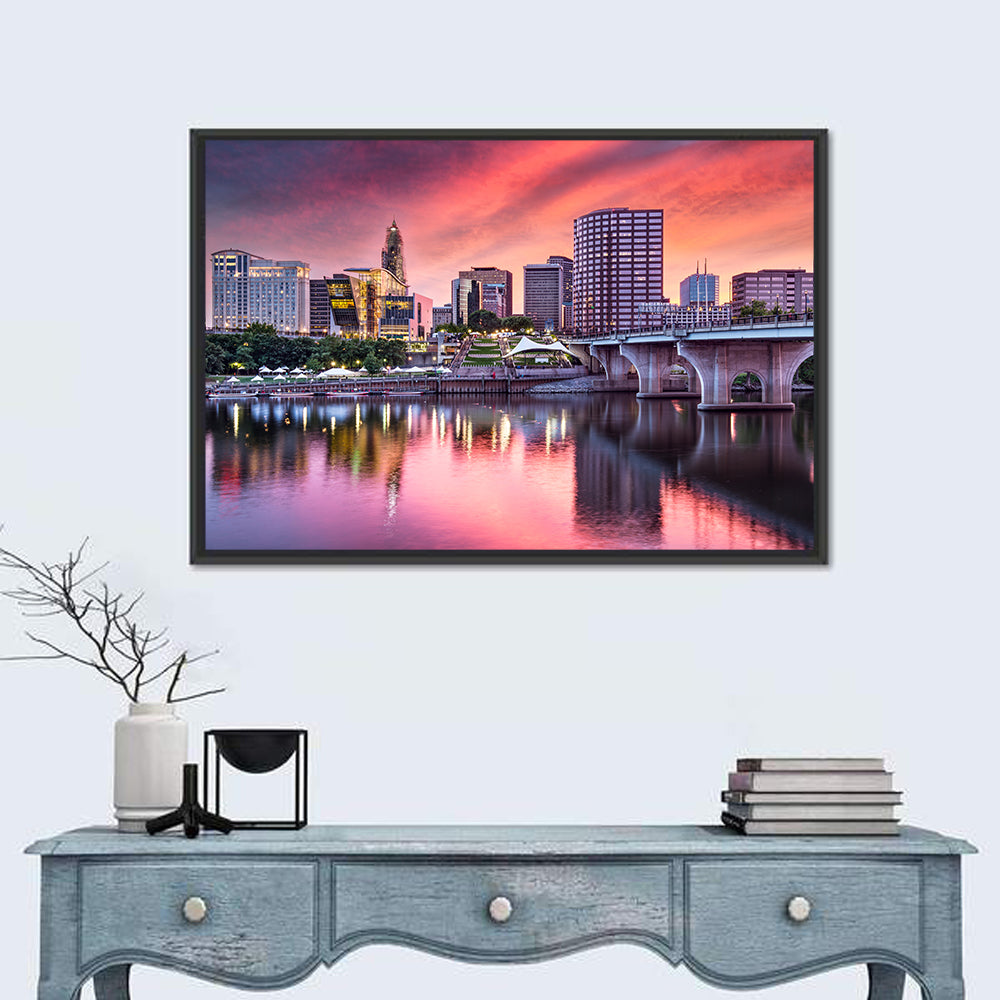 Hartford Skyline at Sunset Wall Art in a room, landscape