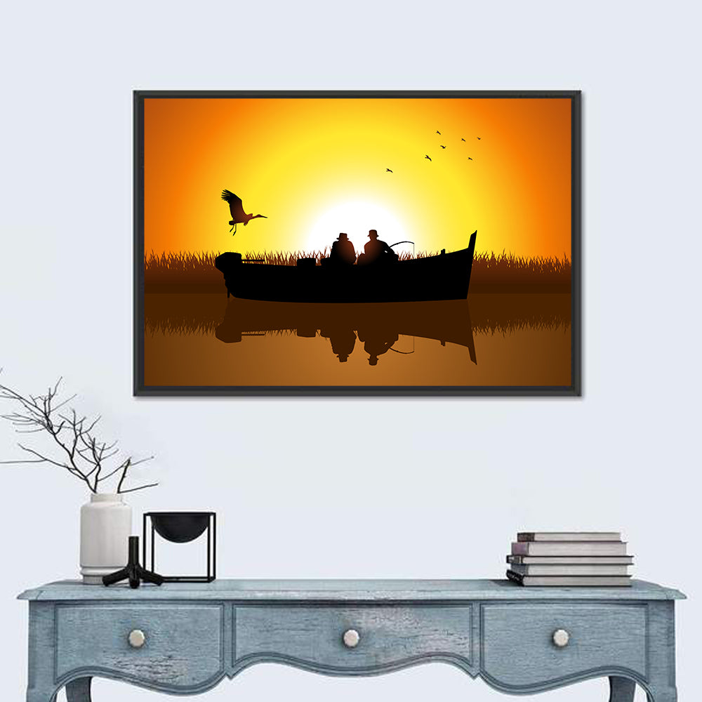 Sunset Fishing Silhouette Wall Art in a room, landscape