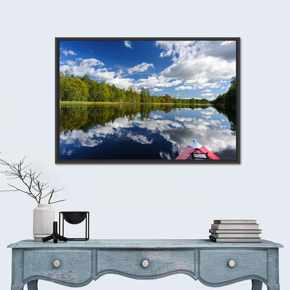 Red Kayak on Calm Lake Wall Art in a room, landscape