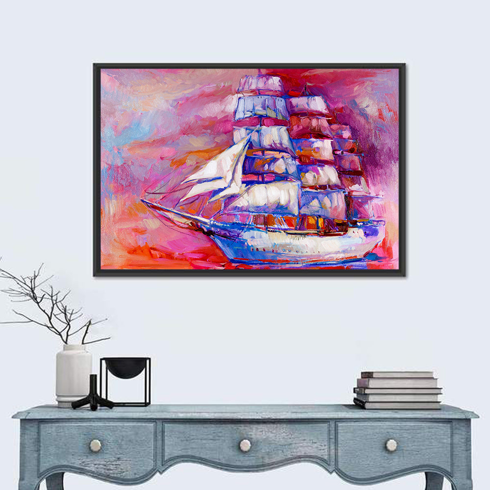 Colorful Tall Ship at Sea Wall Art in a room, landscape