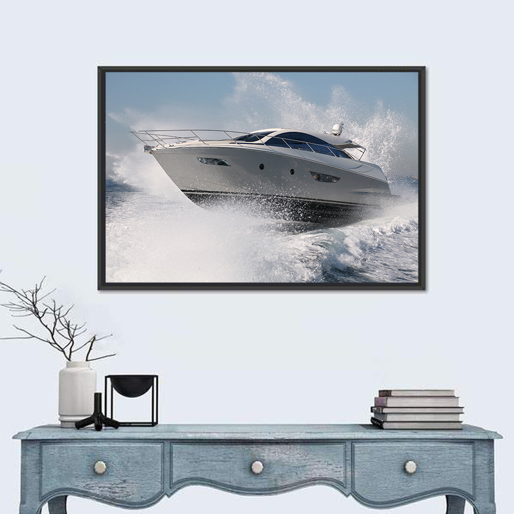 Motor Yacht Cutting Through Spray Wall Art in a room, landscape