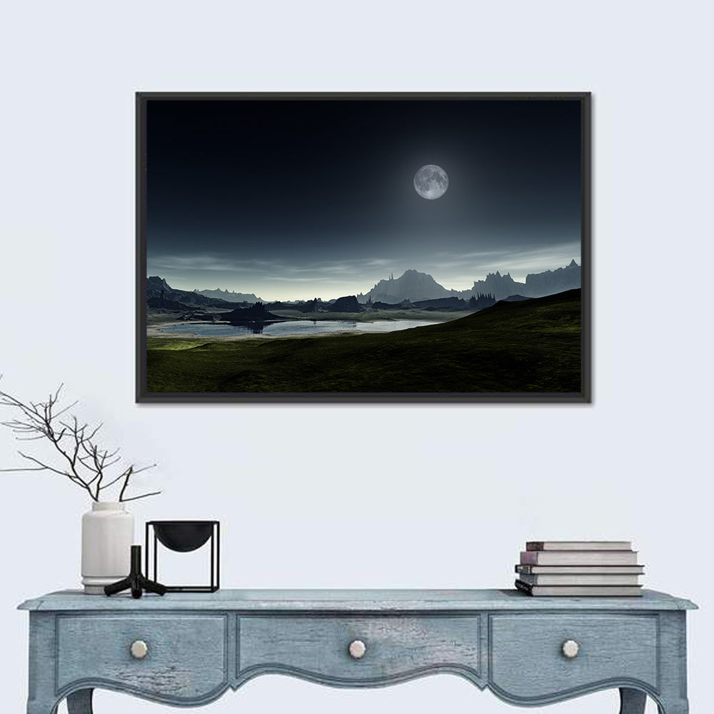 Crescent Moon Over Mountain Lake Wall Art in a room, landscape